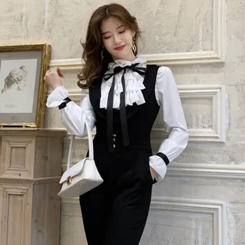 

Temperament Women's New Slim Lotus leaf Edge Bow OL Fashion Shirt+Female Sweet Rompers High waist Pencil Pants 2 Piece Set