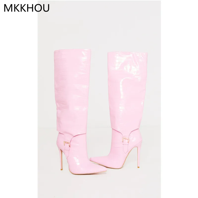 MKKHOU Fashion Knee-Length Women's Boots New Pink Crocodile Pattern Pointed toe 12cm High Heel Boots All-Match Daily High Boots image_1