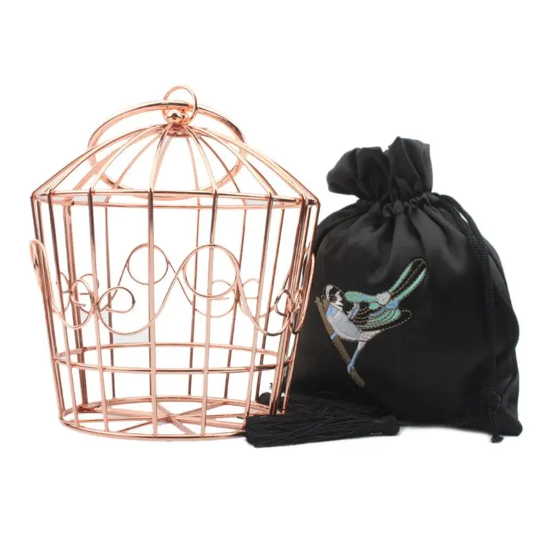 Women's Birdcage Evening Bag Clutch Metal Frame Embroidery Bucket Bird Cage Mini Purse Women Tassel Handbag F42A