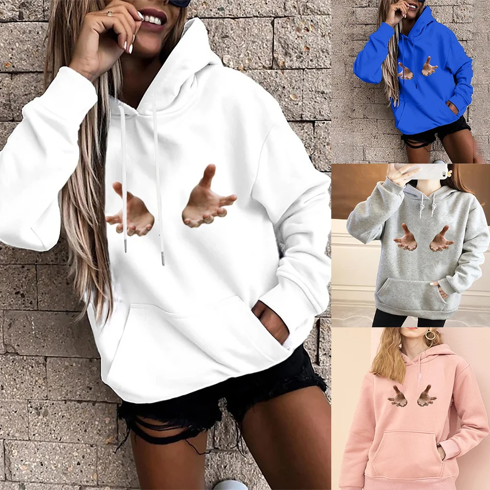 Ladies Hoodie Loose Big Pocket Sweatshirt Casual Base Long Sleeve Top Gesture Print Series Autumn/Winter Hoodies Pullover