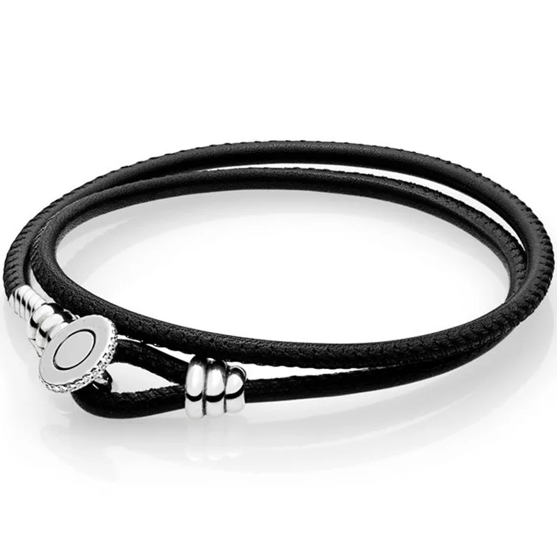 Black 35cm 925 пробы серебряный браслет Многоцветный двойной кожаный с логотипом Кнопка Пряжка для браслета на запястье Fit бисера Шарм Diy Европа ювелирные изделия - Окраска металла: Black 35cm