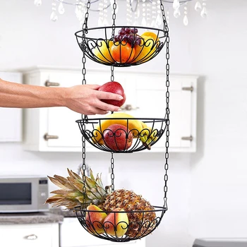 

Black Iron Wire Three-Layer Fruit Hanging Basket Home Kitchen Hanging Metal Vegetable Fruit Storage Basket