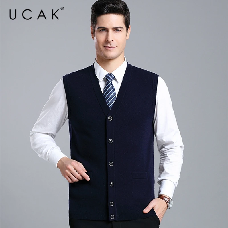 

UCAK Brand Thick Sweater Vests Men Clothes 2020 Autumn Winter New Arrival Streetwear Striped Sleeveless Sweater Clothing U1112