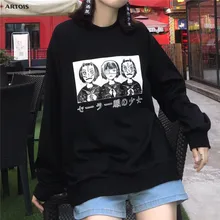 Kpop японский стиль аниме печати Harajuku Толстовка для женщин 3 девушка черный повседневный Готический толстовки Kpop Overszie Толстовка шикарный стиль