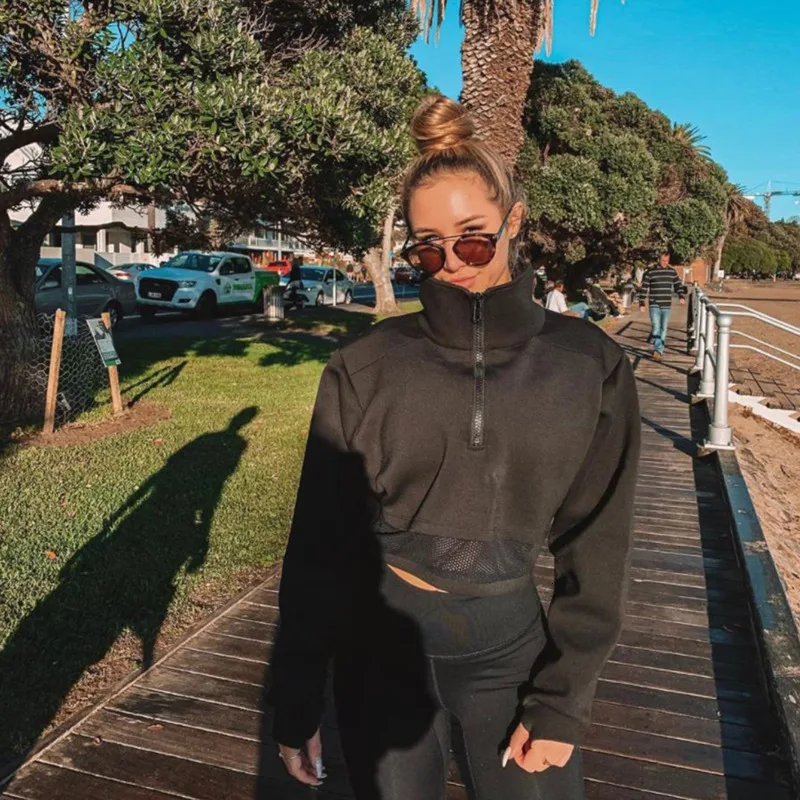 

JIEZuoFang Women Sweatshirts Cotton Zip-up Turn-down Collor Full Sleeve Solid Autumn 2019 Hoodies Crop Top Elastic Stretched