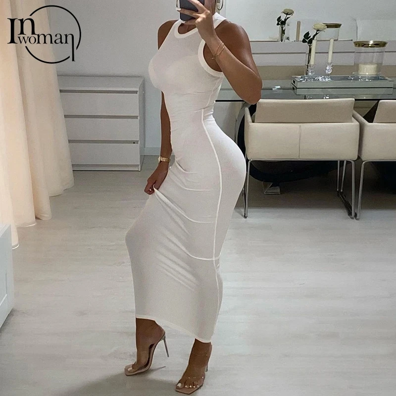 Inwoman Ribbed Knitted Summer Black White Maxi Dress Women 2021 Sexy Party Bodycon Long Dress Sundress Ladies Brown Wrap Dresses red dress