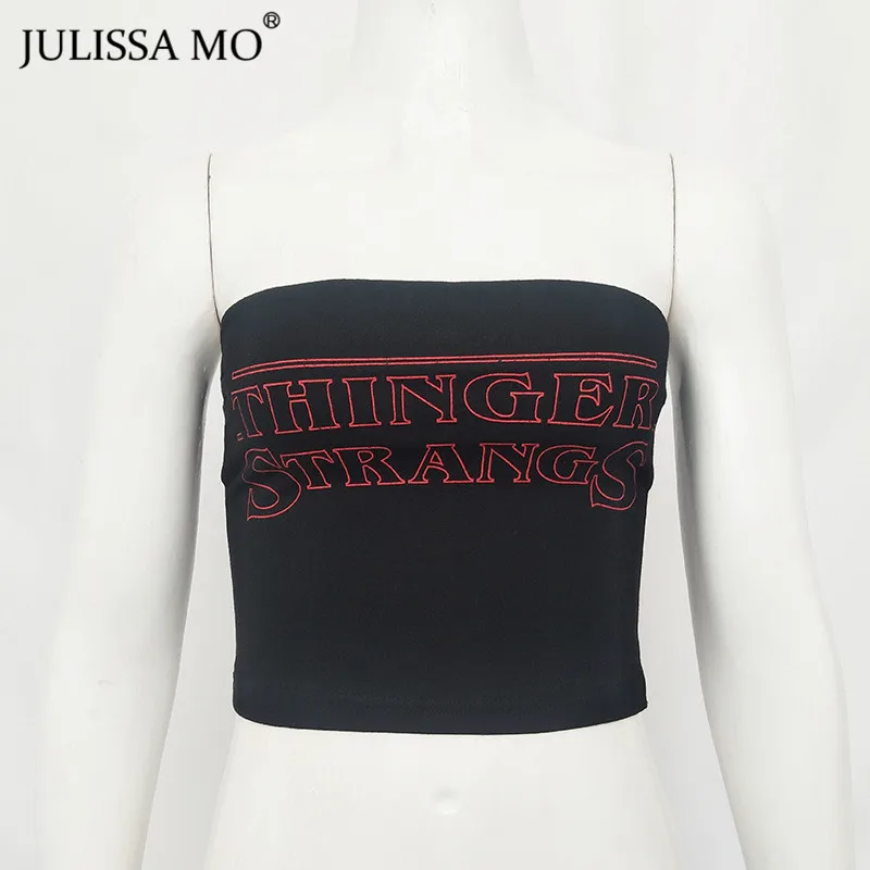 black Julissa mo, Сексуальный Топ без бретелек с вышитыми буквами, женский летний укороченный топ с открытыми плечами, женский эластичный бюстье, укороченный топ - Цвет: black