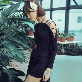 

Autumn Women Spring Vintage Slim Sexy Slash Neck Wrist Sleeve Strapless Bandage Design Black Suede Asymmetric Short Shirt Dress