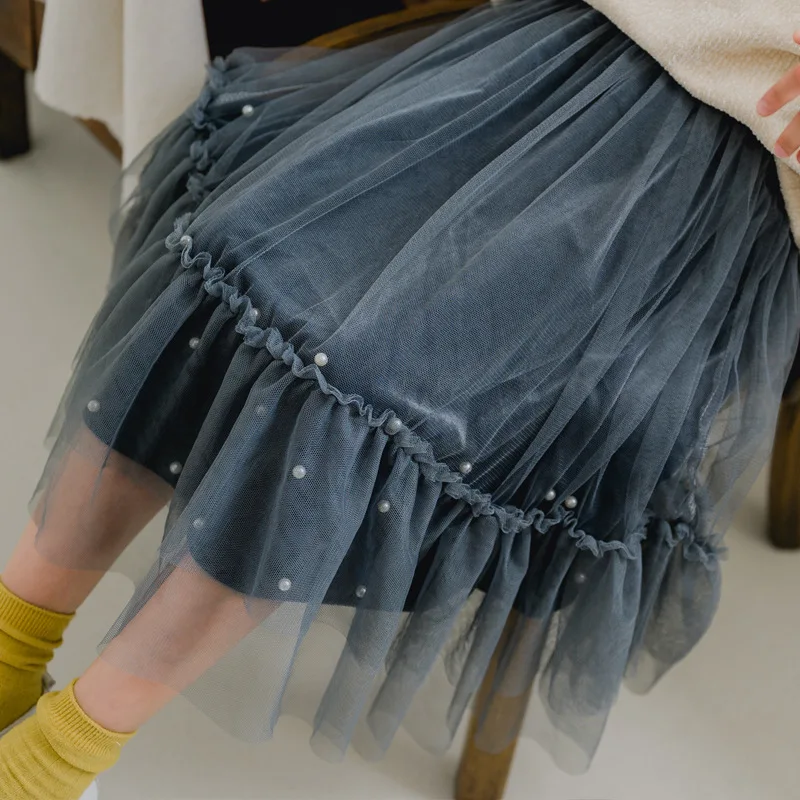 Осень 2019 детские осенние юбки из фатина с жемчужинами серого коричневого и