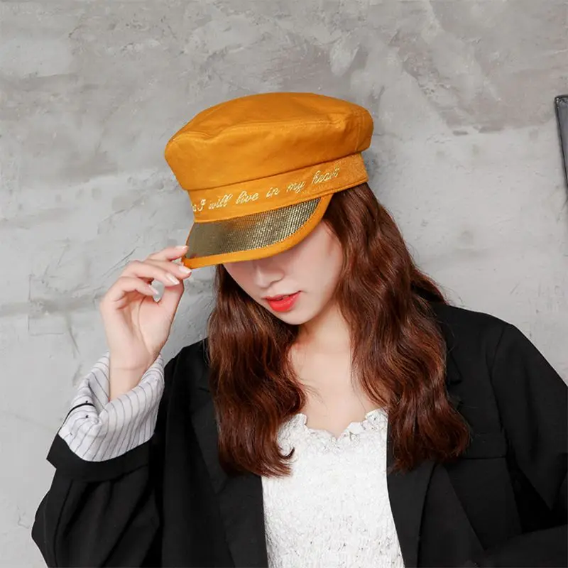 Европейский стиль, Женский Топ на плоской подошве, темно-синяя кепка, золотистые буквы, вышивка, металлическая клетчатая панель, Harajuku, Солнцезащитный берет с козырьком, шляпа