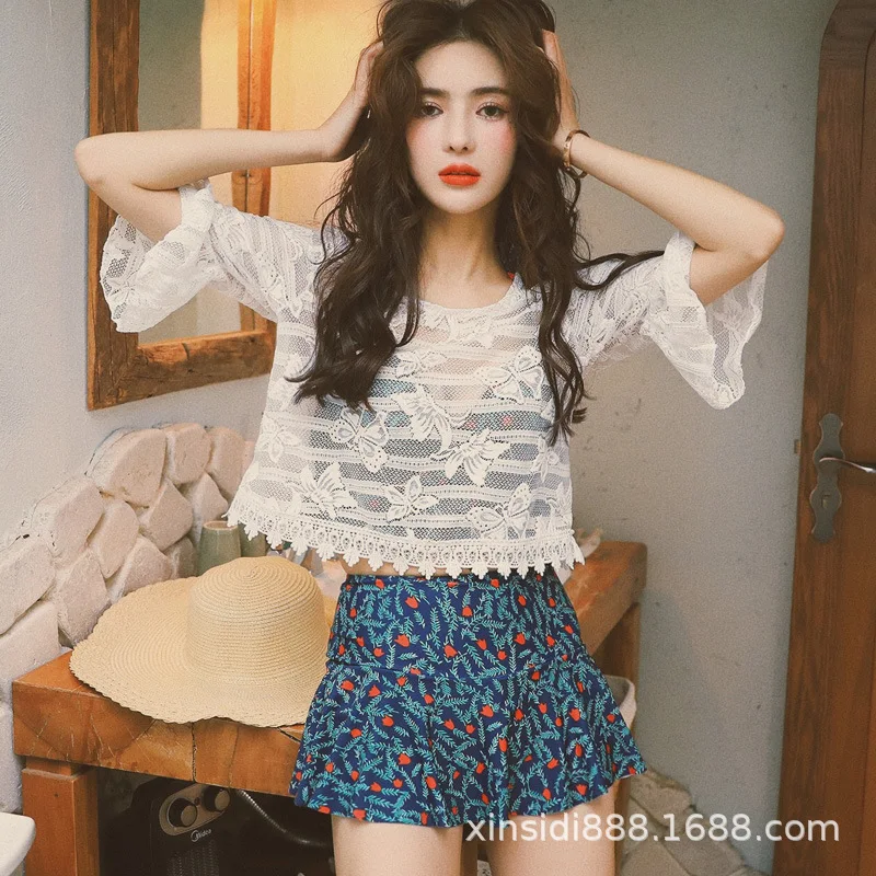 

New Style Bathing Suit Women's Split Skirt-Cover-up Small Bust Gathering Underwire Floral-Print Bikini Three-piece Set South Kor