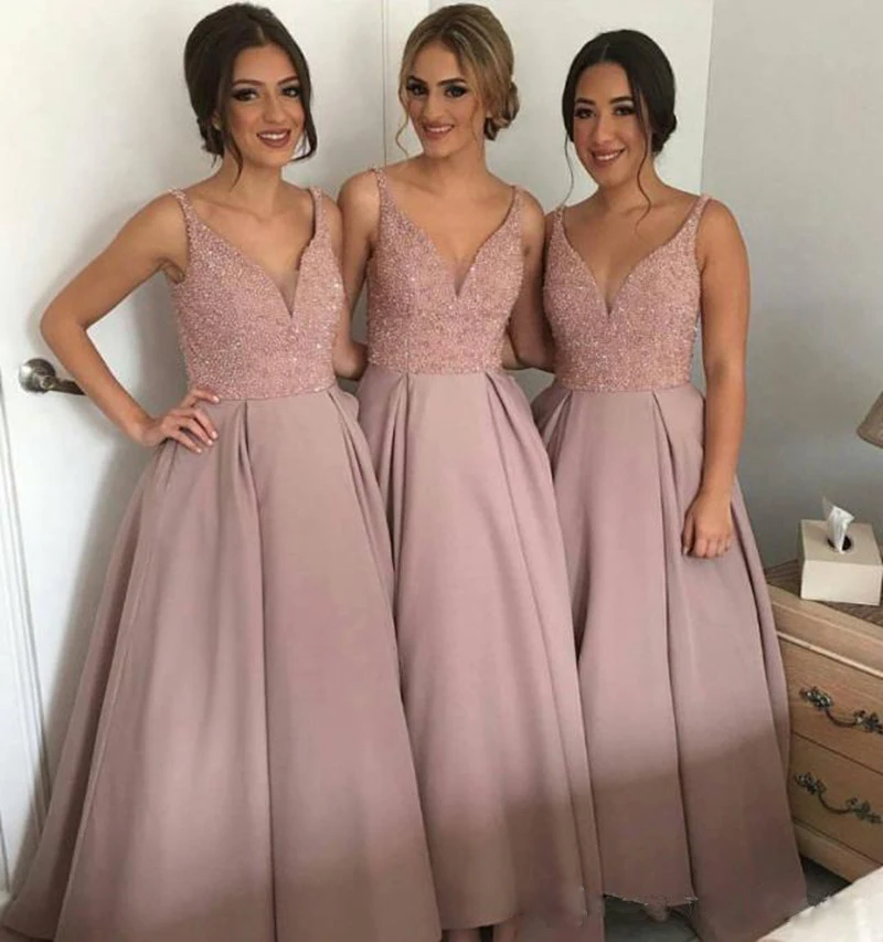 Blush Pink Bridesmaid Dresses Beading Tulle Top High Low V Neck Formal Gown Prom Dress Vestidos De Fiesta - Цвет: blush pink