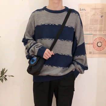 

Striped Sweater Men's Warm Fashion Contrast Color Casual Knit Pullover Men Loose Knitting Sweaters Male Sweter Clothes