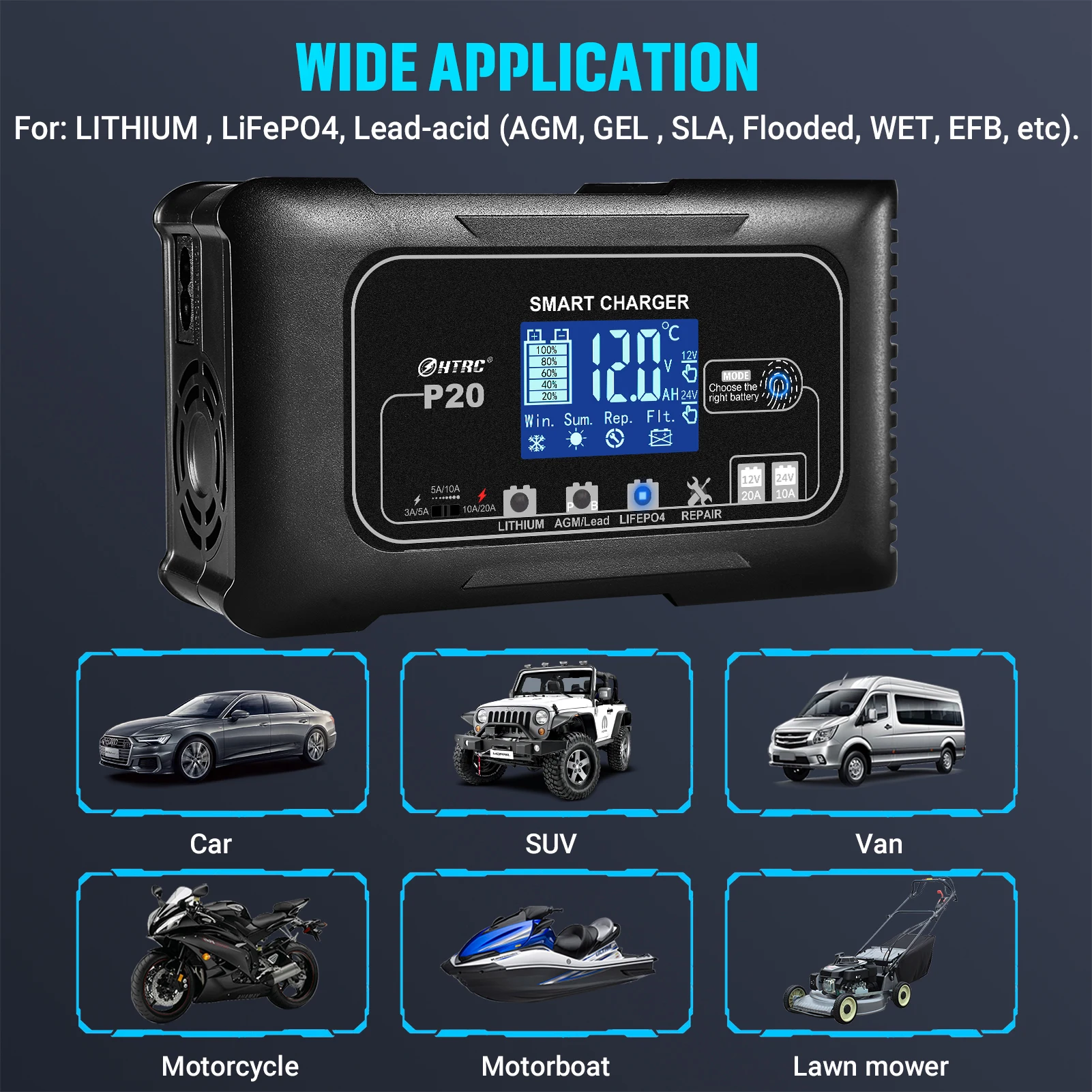 HTRC 12V/24V 20A 오토바이 리튬 Lifepo4 젤 AGM 습식 납산 배터리 수리 충전기에 대 한 전체 자동 자동차 배터리 충전기