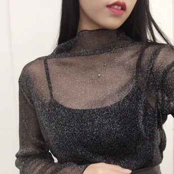 

T-shirt sexy shiny basic T-shirt women's sequins perspective mesh shirt women's long-sleeved perspective hollow shirt