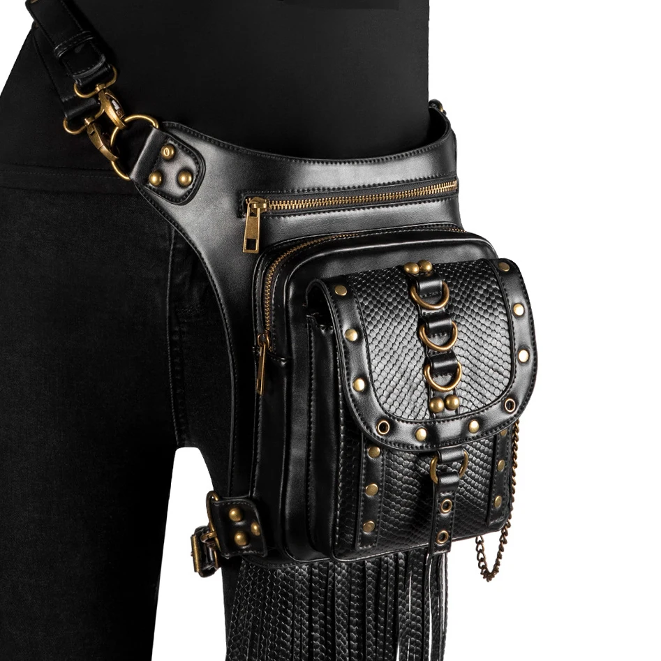 2021 Steampunk Waist Bags Vintage Women Black Leather Street Style Mini Motorcycle Leg Thigh Biker Bag for Female Crossbody Bag