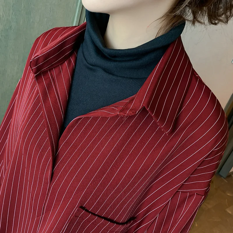 Shirt Top 2020 Spring New Shirt Loose High Collar Fake Two Long-sleeved Vertical Striped Shirt Women - 4.00067E+12