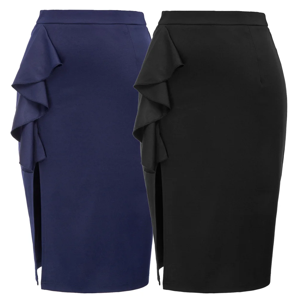 Женская Леди с высокой талией Bodycon Ruffle Сплит стрейч бизнес OL карандаш миди юбка