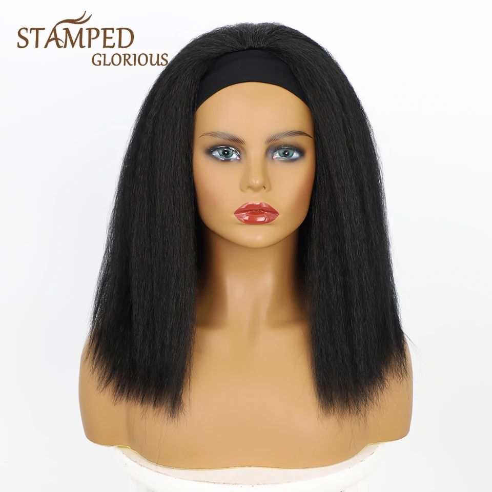 

Stamped Glorious 16inches Yaki Straight Wigs Natural Black Color Synthetic Headband Wig Heat Resistant Wigs for Black Women