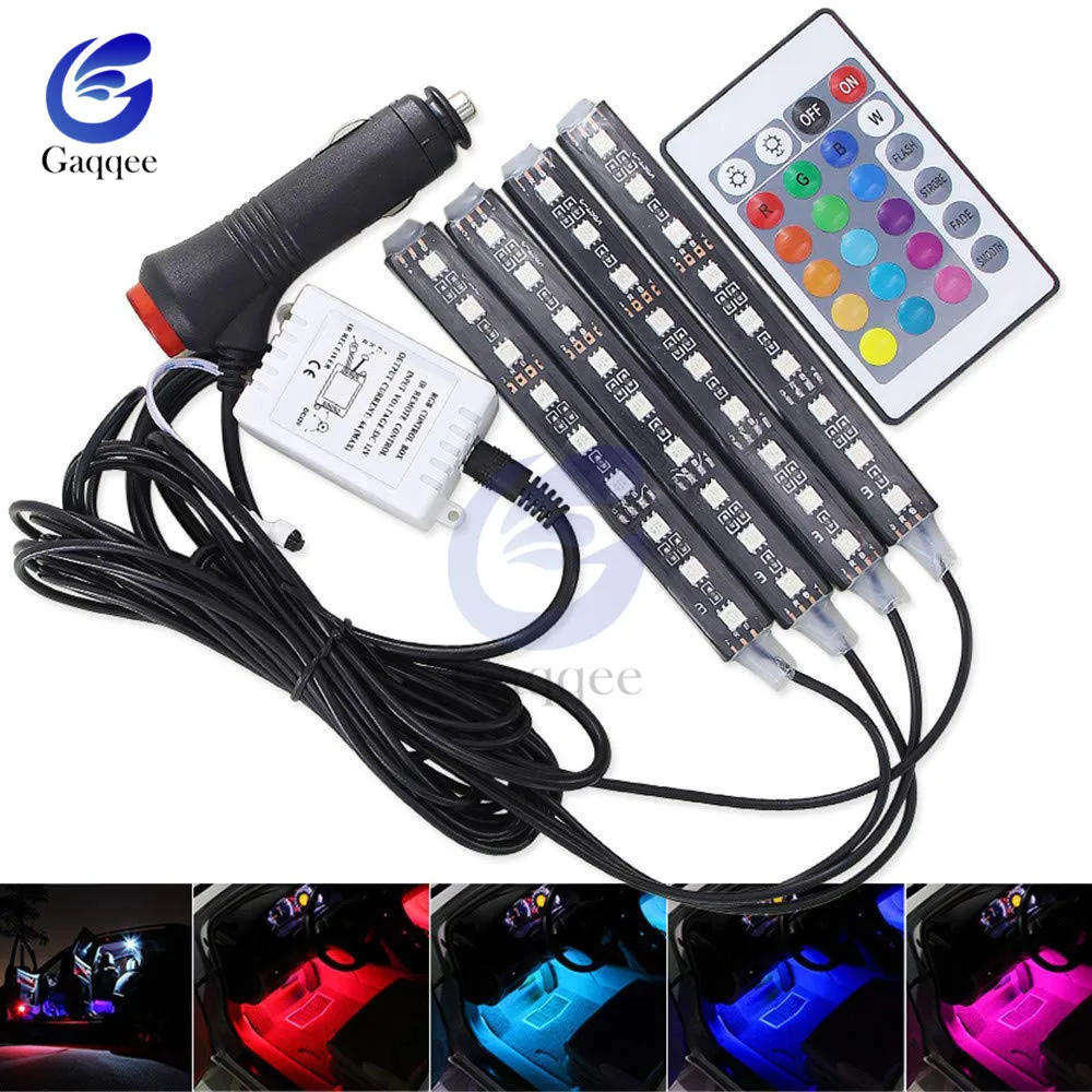 DC12V Auto Interni 4 шт. 5050 9 Светодиодный светильник для сигарет с дистанционным управлением er красочный RGB автомобильный интерьерный напольный светильник