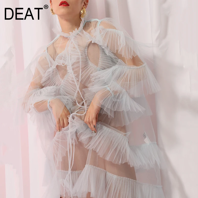 

DEAT 2019 New Spring Stand Collar Long Sleeve Blue Transparent Ruffles Pleated Split Joint Dress Women Fashion Tide JG624