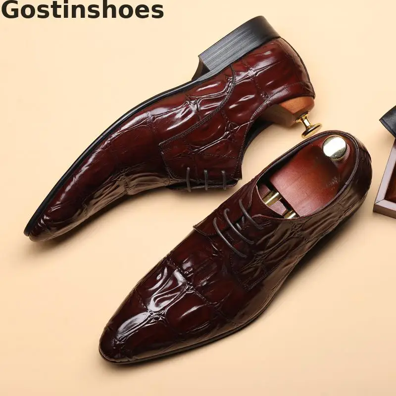 

Men Shoes Genuine Cow Leather Made Crocodile Pattern Printed Luxury Men Oxfords Lace-up Pointed Toe Fashion Men Dress Shoes