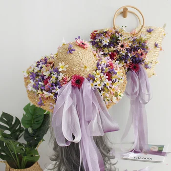 

Multicolor Artificial Flower Straw Beach Bag and Hat Suit High-end Customized Rattan Women Fashion Holiday Summer Lady Tote Bag