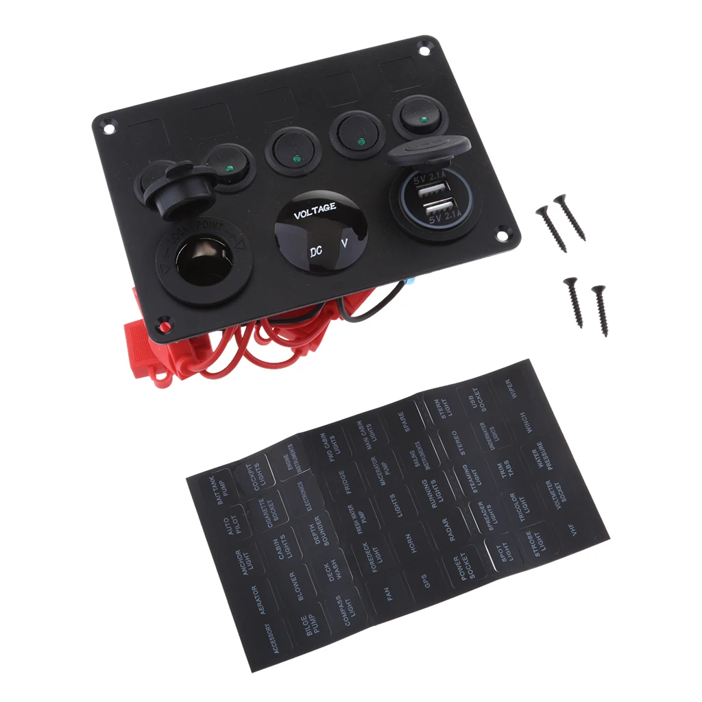 5 Gang On-Off Toggle Switch Multi-Functions Green LED Dual USB Port Charger Voltmeter for Boat Marine Auto