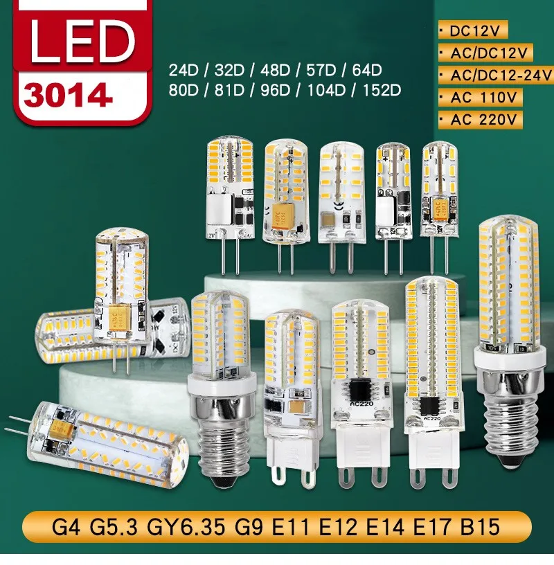 실리콘 LED 옥수수 전구, G4, G9, G5.3, E12, E14, B15, SMD3014, 12V, 110V, 220V, 24D, 32D, 57D, 64D, 80D, 81D, 96D, 104D, 152D