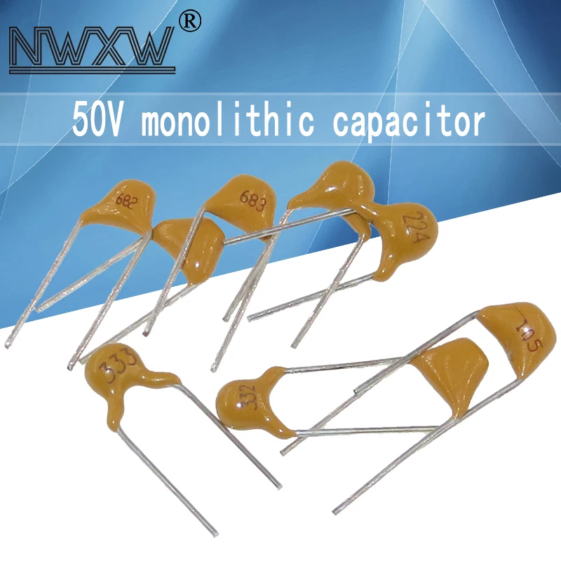 100 adet/grup monolitik kondansatörler CT4 10pf/15pf/20pf/22pf/30pf/33pf/47pf/104/102/332/472/103/223/473/474/105 50v pin aralığı 5.08mm