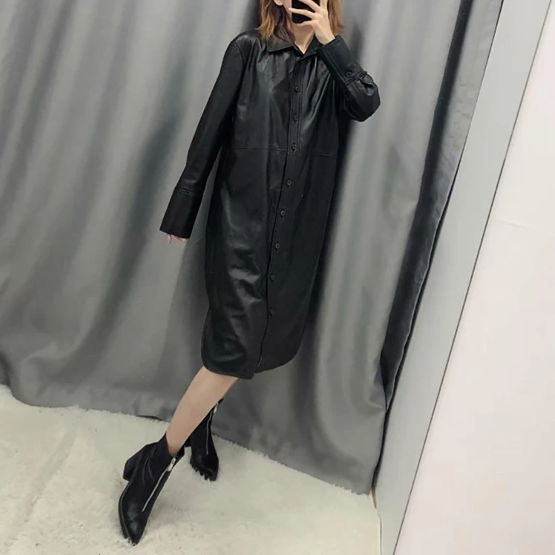 SeeBeautiful Новая мода осень зима Простая рубашка Тип лацканы длинный рукав однобортный Тонкий ПУ свободное платье для женщин Q674