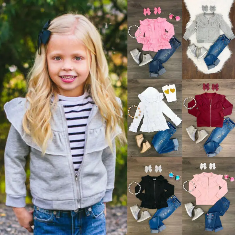 Autumn Winter Toddler Baby Kids Girls Ruffle Hooded Outwear Long Sleeve Cute Children Zipper Jacket Coat Costumes | Детская одежда и
