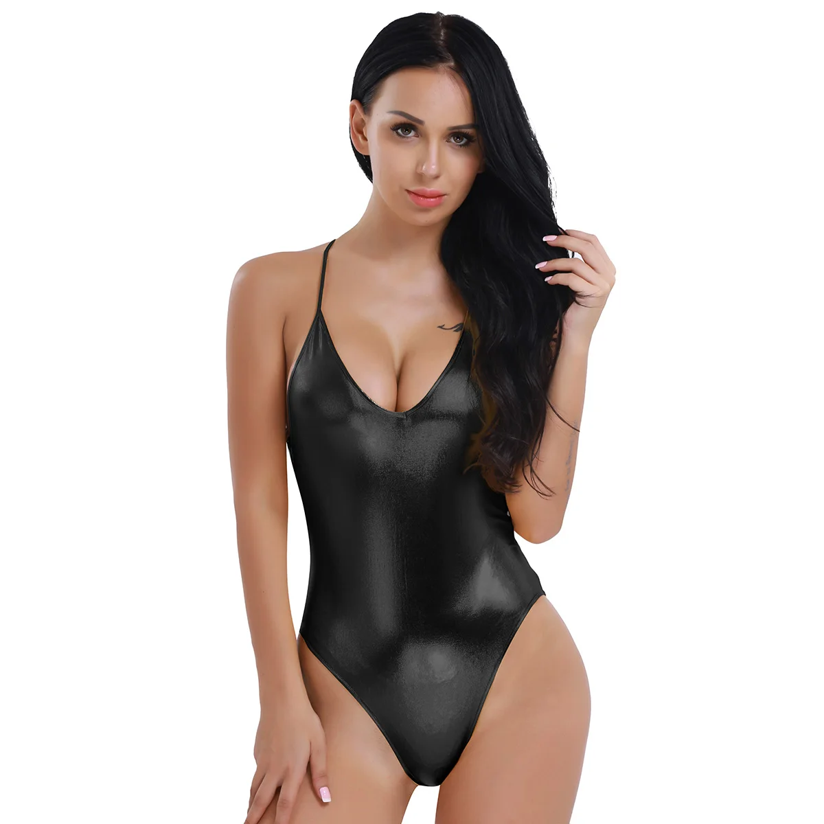 

Women Adults Patent Leather Underwear Sexy Costumes Bodysuit Lingerie Catsuit Deep V Neck Leotard for Nightclub Rave Pole Dance