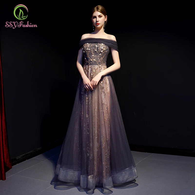 Женское вечернее платье для банкета SSYFashion элегантное серое и фиолетовое с