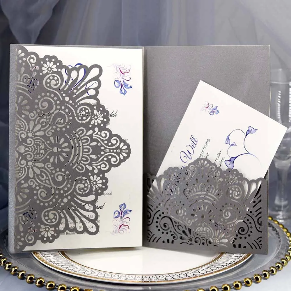  10pcs Wedding Invitations Lace Pattern Cards Laser Cut Paper Cards Announcement Greeting Postcards  - 4.00044E+12