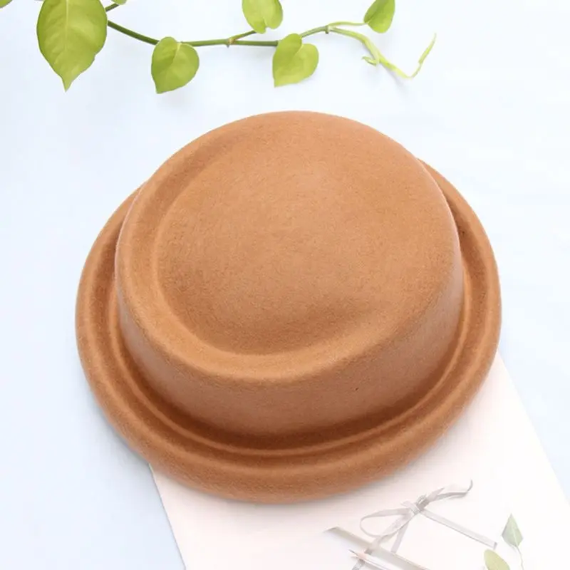 Women Faux Wool Felt Jazz Hat Solid Color Roll-Up Short Brim Vintage Bucket Cap