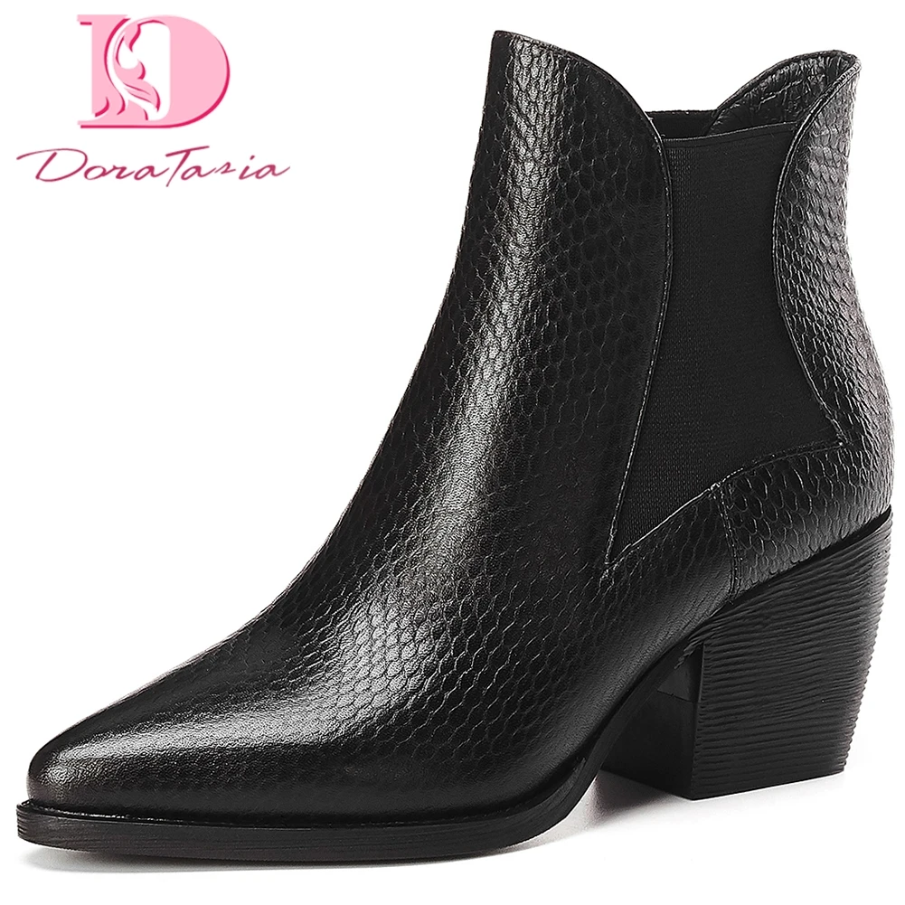 

Doratasia Genuine Leather 2020 Large Size 42 Pointed Toe Ankle Boots Woman Shoes Women Chunky Heels Slip On Shoes Women Boots