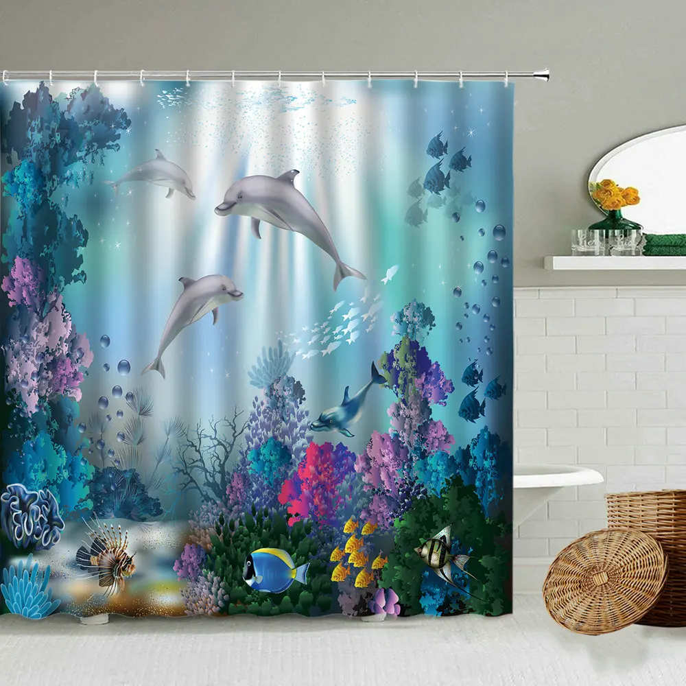 

3D Ocean Design Dolphin Waterproof Fabric Bathroom Curtain Shower Curtains Set Tropical Fish Sea Scenery Screen Home Decoration