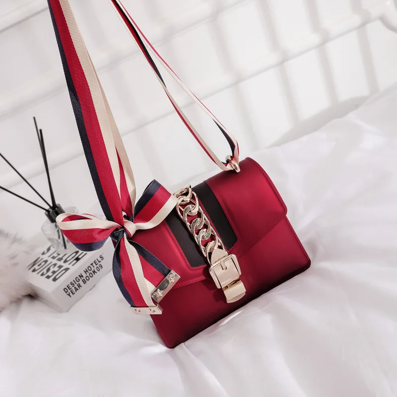 

WOMEN'S Bag Bag 2019 New Style Bow Gel Bag Candy-Colored Chain Square Sling Bag Wide-Strap Hand Shoulder Bag