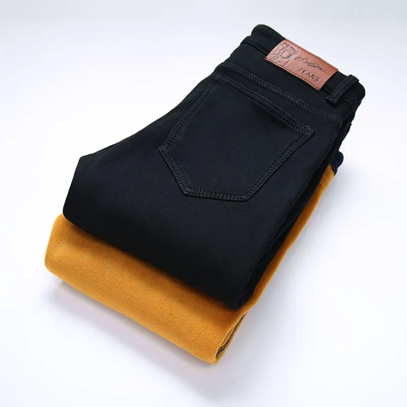 Winter Fleece New Men Casual Jeans Black Classic Fashion Designer Skinny Jeans Men's High Quality Thick Slim Fit Denim Trousers - Цвет: Черный