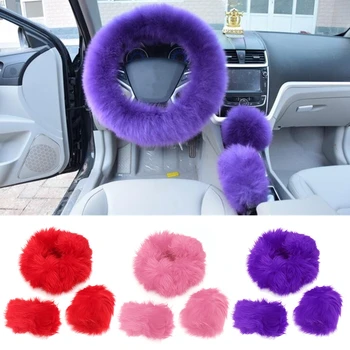 

36-38cm Car Steering Wheel Cover Purple Red Pink Winter Furry Diameter for Most Standard Steering Wheels