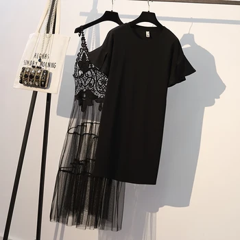 

Large Size Suit Women 2020 Summer Dress New Lace Stitching Sling Sexy Dresses +black Shirt Dresses Women's Dress Two-piece Suit