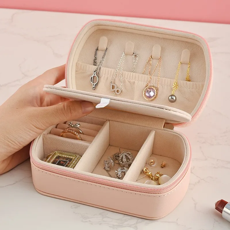 

New portable jewelry box Zipper bag double layer with ear plate jewelry storage box for business travel to carry small