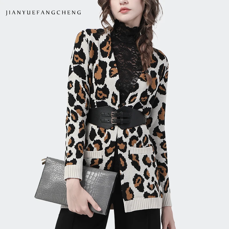

Fashion Leopard Knitted Women Wool Cardigans 2021 Autumn Winter New Outwear Sweater With Belt Loose Plus Size Long Knit Coat
