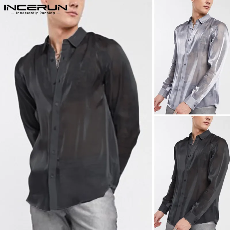 

INCERUN Men Shirt Party Clubwear Sexy See Through Tops Solid Color Brand Long Sleeve Blouse Mesh Fashion Men Lapel Shirts S-5XL