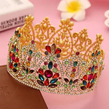 

Baroque Gold Rhinestone Colorful Bridal Tiara Vintage Diadem Pageant Crowns NEW