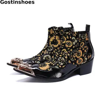 

Men Work Boots Genuine Leather Floral Printed Men Short Boots Metal Cap Toe Slip On Men Ankle Boots Height Increased Side Zip