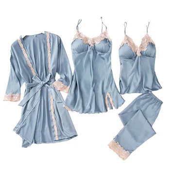 

5pcs Suit Ladies Sexy Silk Satin Pajama Set Female Lace Pyjama Set Sleepwear Autumn Winter Home Wear nightwear For Women