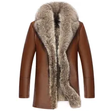 Мужская большая Шуба с воротником из меха енота, меховая подкладка из овчины, натуральная кожа, верхняя одежда, куртка средней длины ST15C8852