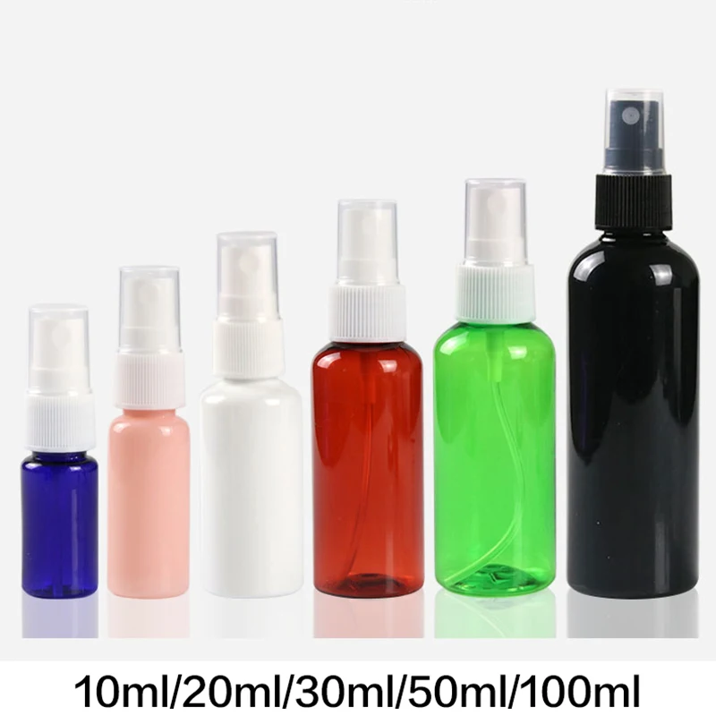 

10ml 20ml 30ml 50ml 100ml Plastic Spray Bottle White Blue Pink Black Empty Atomizer Cosmetic Face Toners Container Free Shipping